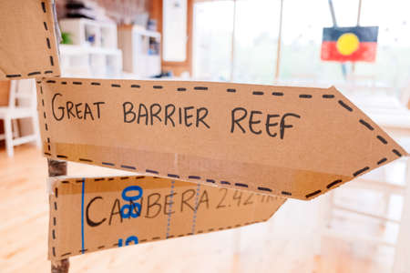 Pointer arrow towards the Australian Great Barrier Reef, in an educational school.の写真素材