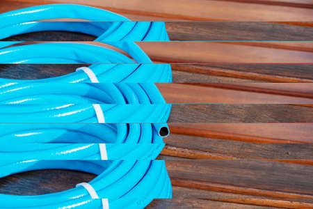 Valencia, spain - June 10, 2022: A new plastic irrigation hose for gardens, non-recyclable and polluting material.の写真素材