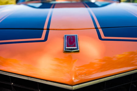 Valencia , spain - july 11, 2022: Detail of the hood of a vintage sports car a Camaro z28のeditorial素材