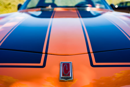 Valencia , spain - july 11, 2022: Detail of the hood of a vintage sports car a Camaro z28のeditorial素材