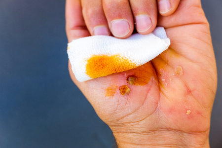Application of iodine to clean wounds in the palm of one hand, and sterilize the skin.の写真素材