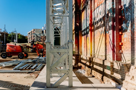 Barcelona, Spain - December 12, 2022: Metal support structure of large scaffolding to hold a facade.のeditorial素材