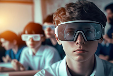 A boy in class uses augmented reality glasses to interact and learn in the future of school education. Ia generated.の写真素材