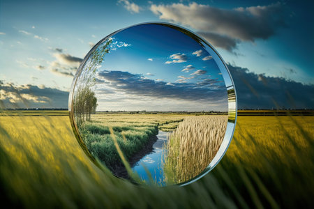 Conceptual image of a mirror reflecting crops in a cereal field on a sunny spring day. Ai generated.