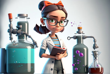 Illustration of a girl, cartoon character, in a white coat in a laboratory doing scientific and medical experiments.の写真素材