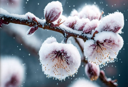 Snowflakes and ice cover the first buds of fruit-bearing flowers in early spring.の写真素材