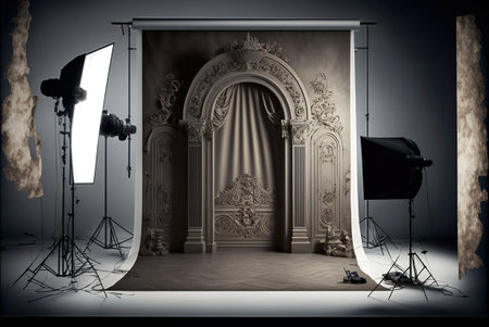 A studio photography set with a background lit with portrait flashes.