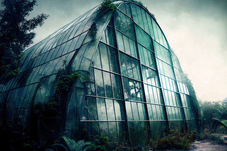 Pictorial illustration of a glass greenhouse on a cloudy day.の写真素材