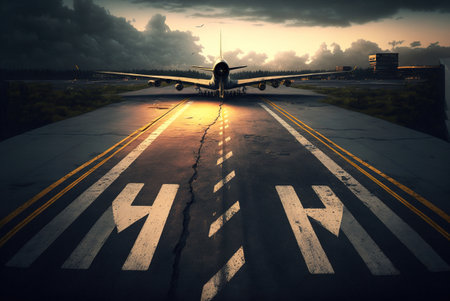 Dramatic illustration of a plane from behind, on a runway.の写真素材