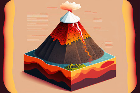 Educational infographic of the structure of a volcano.の写真素材