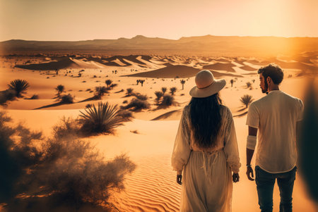 A couple of tourists walk at sunset over the sahara desert.の写真素材