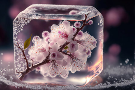 A blooming cherry blossom, encased in an ice cube.