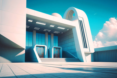 Architectural conceptual design of the facade of a modern concrete and glass event building.の写真素材