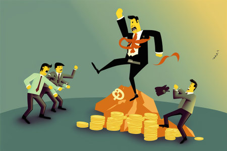 Drawn illustration of a businessman on top, on top of a pile of money.の写真素材