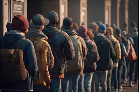 Line of people waiting their turn to receive help, poor marginal group, in a big city.