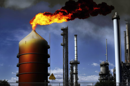 Heavy smoke stacks emitting toxic fumes and gas are a result of industrial engineering, damaging the...
