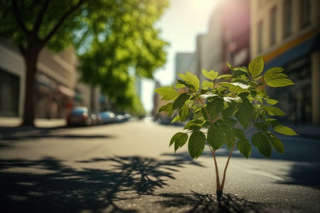 A small sprout is reborn among the asphalt of a city, a new tree grows in the streets.
