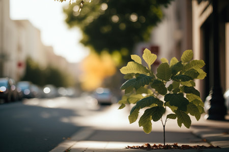 A new tree has germinated in the hard street of a city.の写真素材