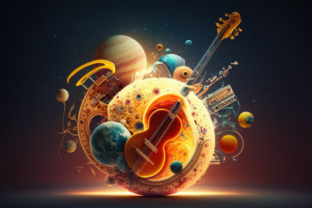 Two electric guitars are seen floating among a dark sky of stars and planets. A whimsical...