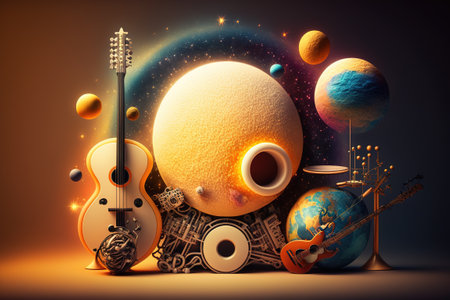 Art design of music instruments like violins, in outer space with planets and stars.の写真素材