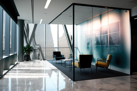 A modern office interior featuring an expansive window, ergonomic seating, and professional...