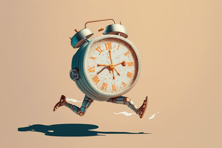 Illustration of an analog clock growing legs and running on an isolated solid color background. Ai generated.の写真素材