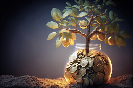 A tree planted among money bears coins and makes its owner rich. Ai generated.の写真素材