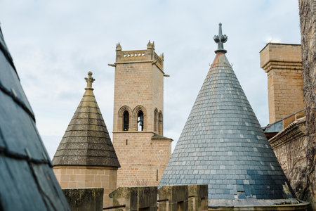 View of the historic town of Olite in Navarra, Spain, with a castle visited by tourists.のeditorial素材
