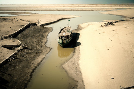 The drought leaves the boats stranded. Ai generated.の素材