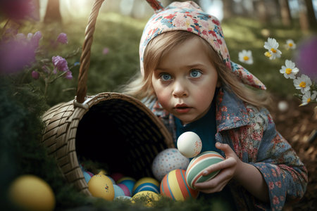 Children amazed to find a basket with painted easter eggs in a forest. Ai generated.の素材