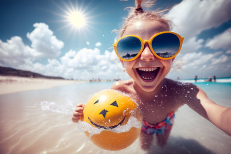 A happy girl in the sea water bathes on the beach smiling. Ai generated.の素材