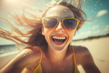 A happy woman on the beach smiling out loud. Ai generated.の素材