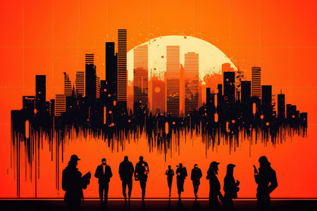 Futuristic illustration, book cover, of group of people, red background. Ai generated.の素材