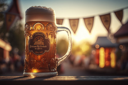 Mugs of Bavarian German beer, typical of summer festivals. Ai generated.の素材