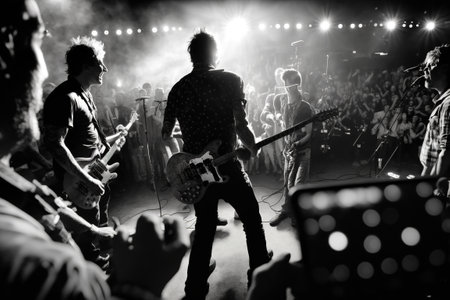 A rock band on stage, seen from backstage. Ai generated.の素材