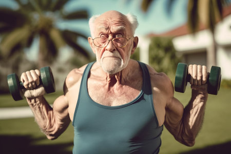 Retired senior man lifting weights and exercising outdoors. Ai generated.の素材