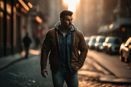Attractive young man walks alone at sunset through the streets of a European city. Ai generated.の素材
