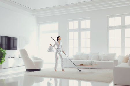 Illustration of a woman cleaning a spacious and luxurious living room with lots of natural light. Ai generated.の素材
