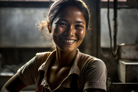 Young Latina woman smiles at the camera, at her hard, dirty and sweaty workplace. Ai generated.の素材
