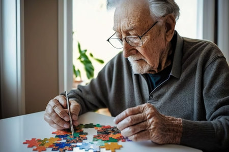 Grandpa with pencil in left hand thinking under crossword puzzle on kitchen table. Ai generated.の素材