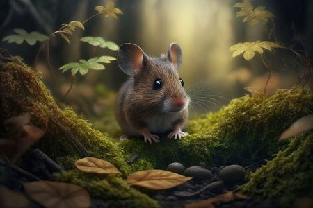 A shy little mouse between the trunks of a forest. Ai generated.の素材