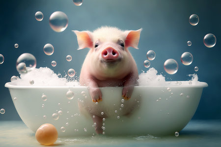 A cute little pig takes a bubble bath to keep himself clean and hygienic.の素材