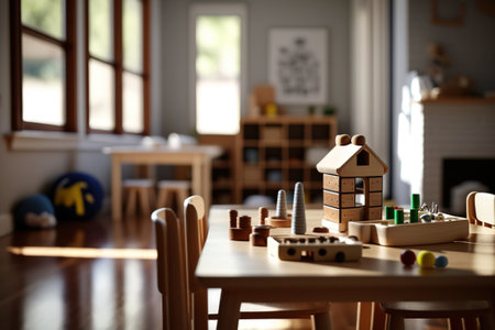 A beautiful and bright children's room with montessori wooden educational materials. Ai generated.の素材