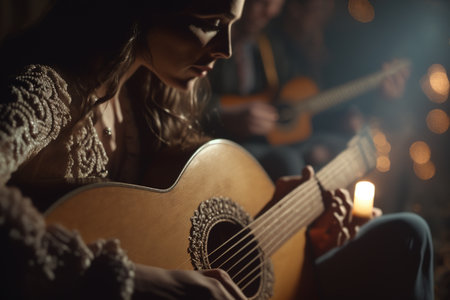 Young female guitarist performs a song during a concert, close-up. Ai generated.の素材