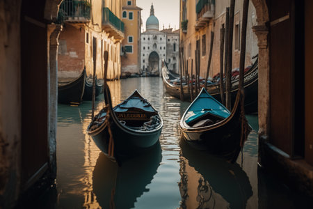 Sad and unused Venetian gondolas, tourists reject the decrepit city. . Ai generated.の素材