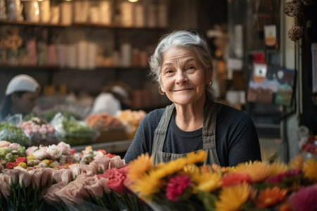 Woman happy to attend her stall selling flowers in a market, already at retirement age. Ai generated.の素材