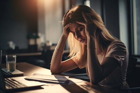 Beautiful young business woman rubbing her head and face, looking stressed, anxious, worried, overwhelmed by project deadlines while sitting at her deskの素材