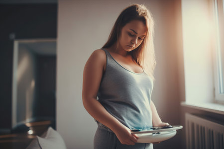 A woman checks her weight on a scale, she tries to lose weight for the summer. Ai generated.の素材