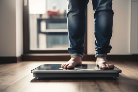 Mature man looks for the scale to motivate himself to lose weight. Ai generated.の素材