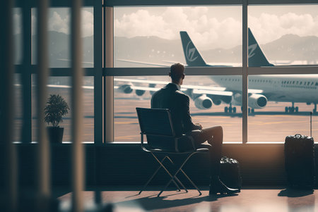 The businessman waiting in the airport lobby, with his back turned, while looking at the planes.の素材